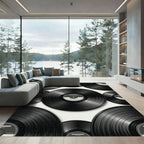 Monochrome Retro Vinyl Record Graphic Rug