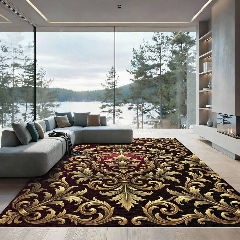 Ornate Gold Scrollwork Crimson Emblem Rug