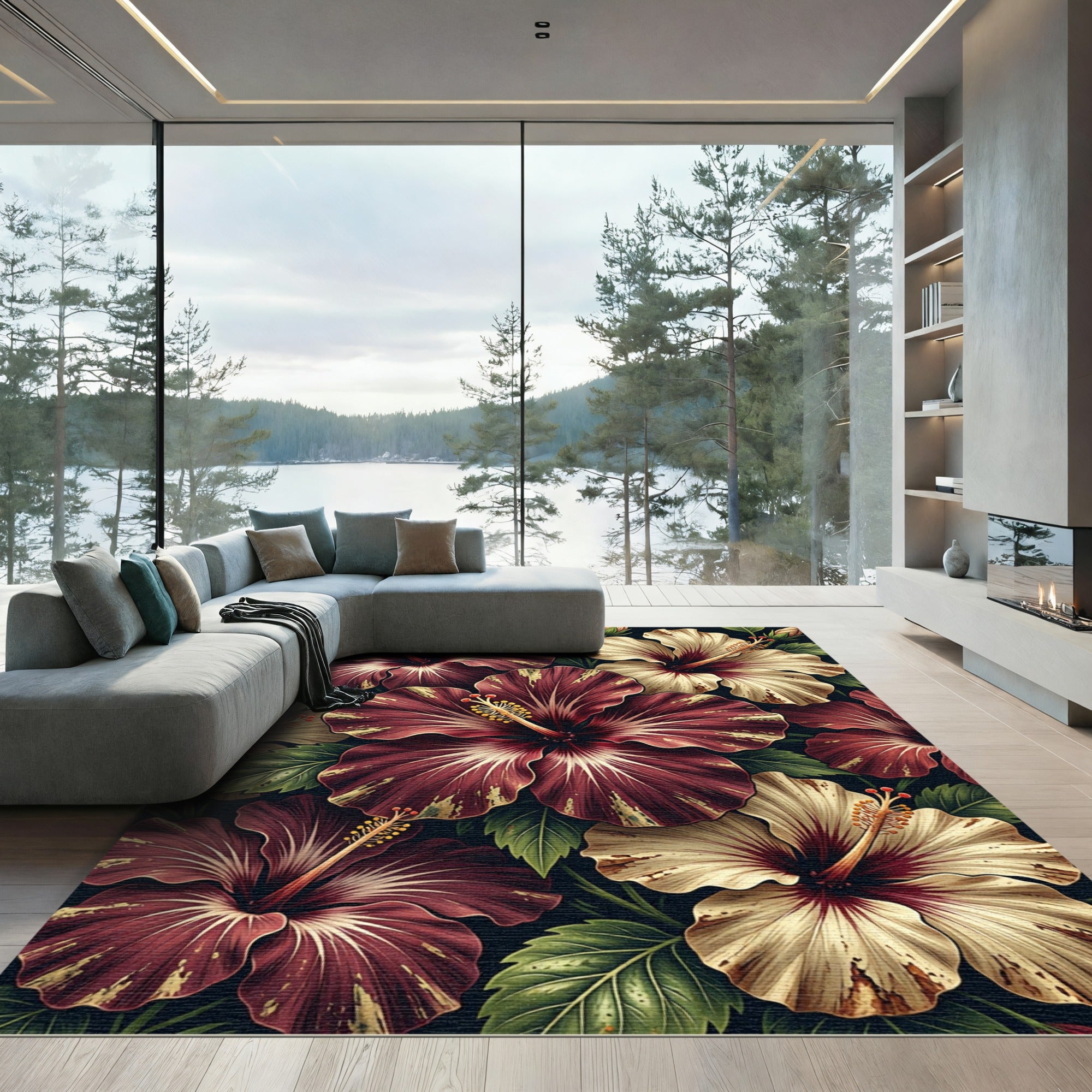 Rich Burgundy Ivory Hibiscus Garden Rug