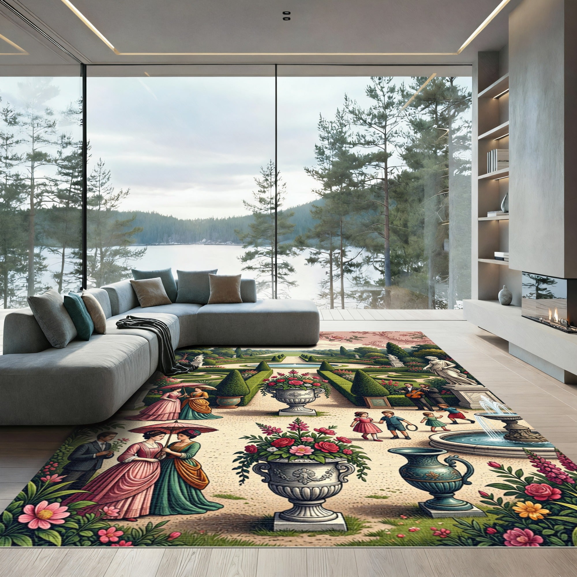 Regal Garden Scene With Statues and Flowers Rug