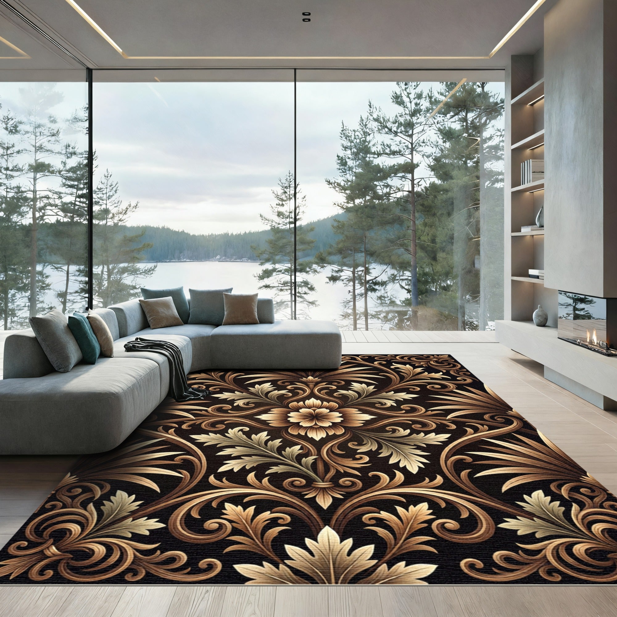 Ornate Gold Acanthus Leaf Scrollwork Rug