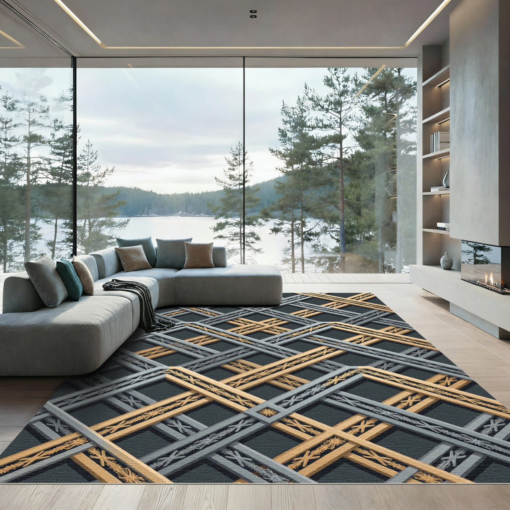Sophisticated Gold and Silver Geometric Lattice Rug