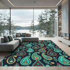 Teal Red Golden Paisley Floral Foulard Rug