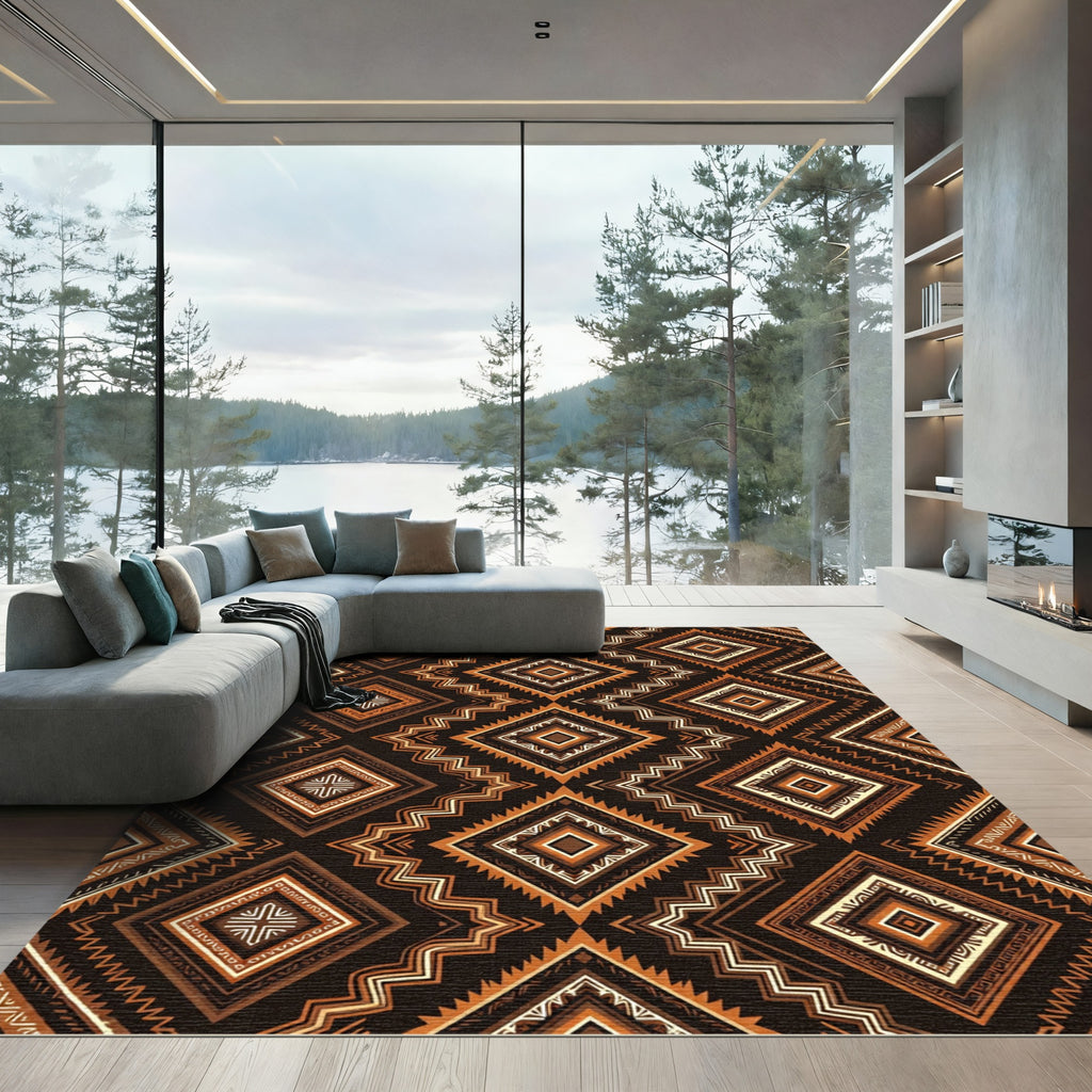 Earthy Brown Geometric Aztec Diamond Rug