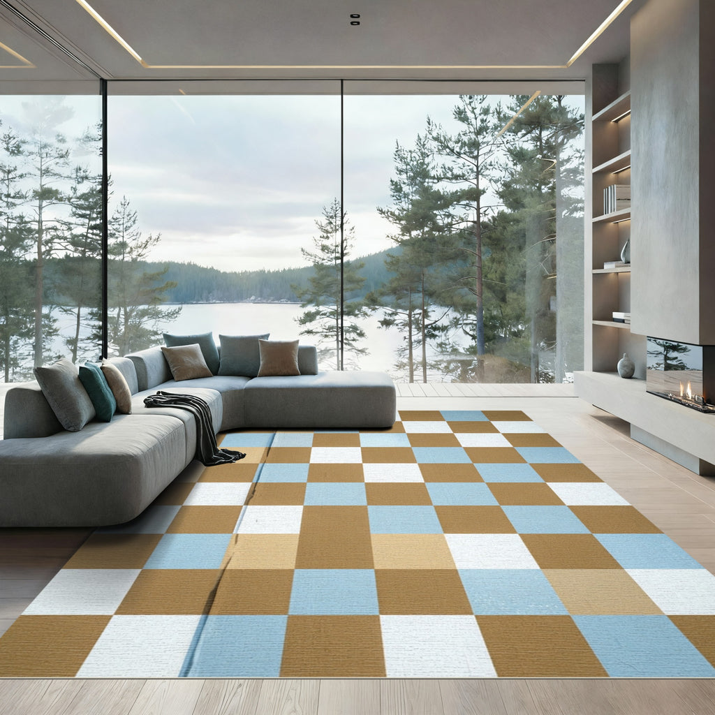 Brown Blue White Checkerboard Square Rug
