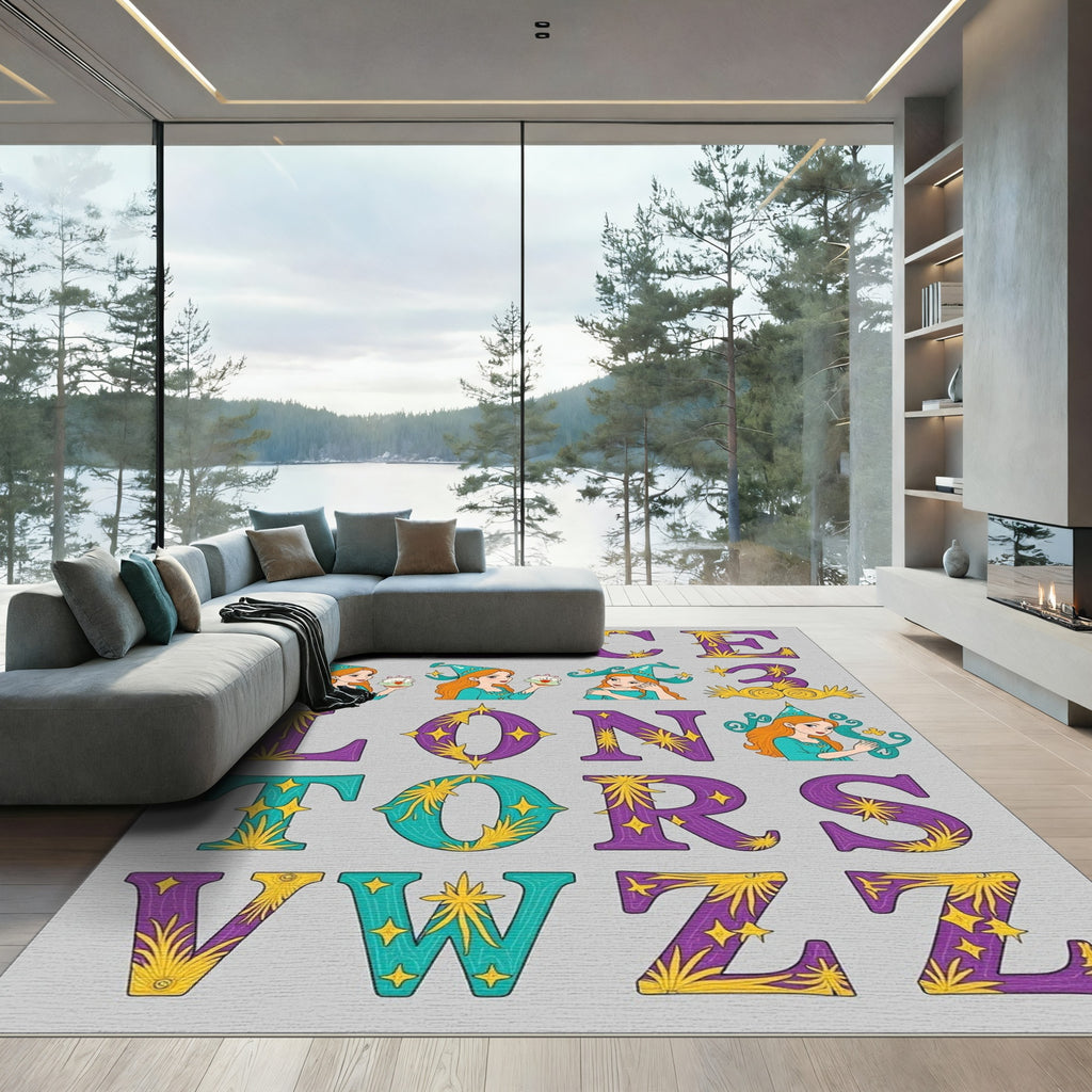Purple Teal Starburst Alphabet Letters Rug