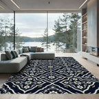 Dark Navy Cream Floral Filigree Trellis Rug