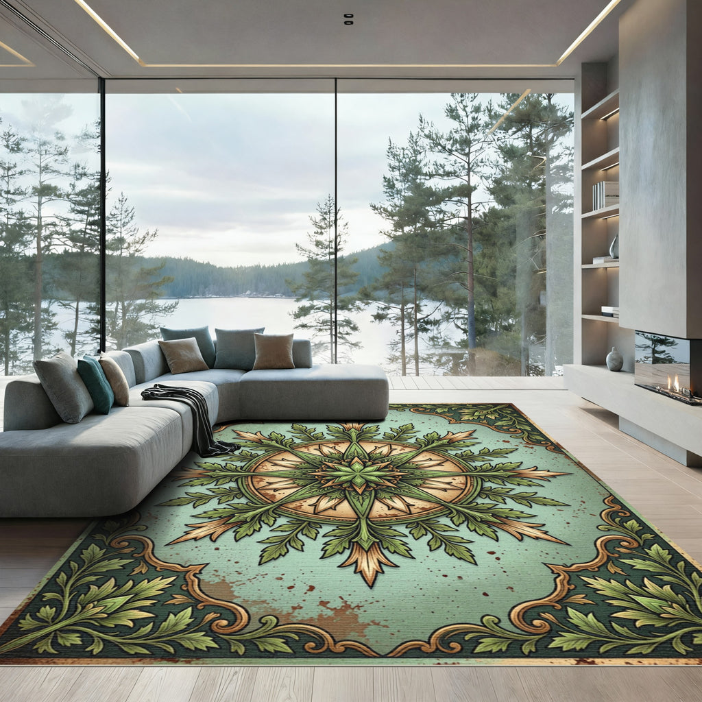 Green Floral Medallion Compass Frame Rug
