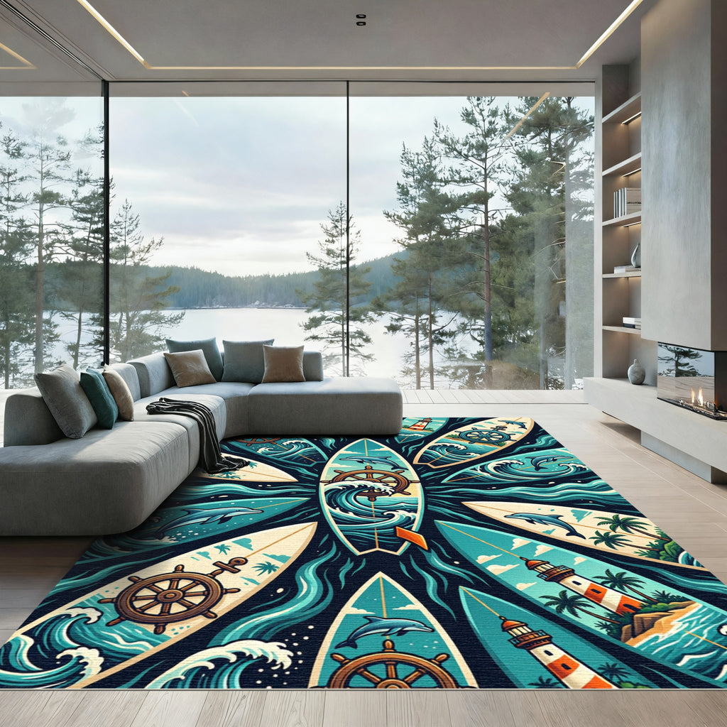 Coastal Nautical Dolphin Lighthouse Wheel Art Rug