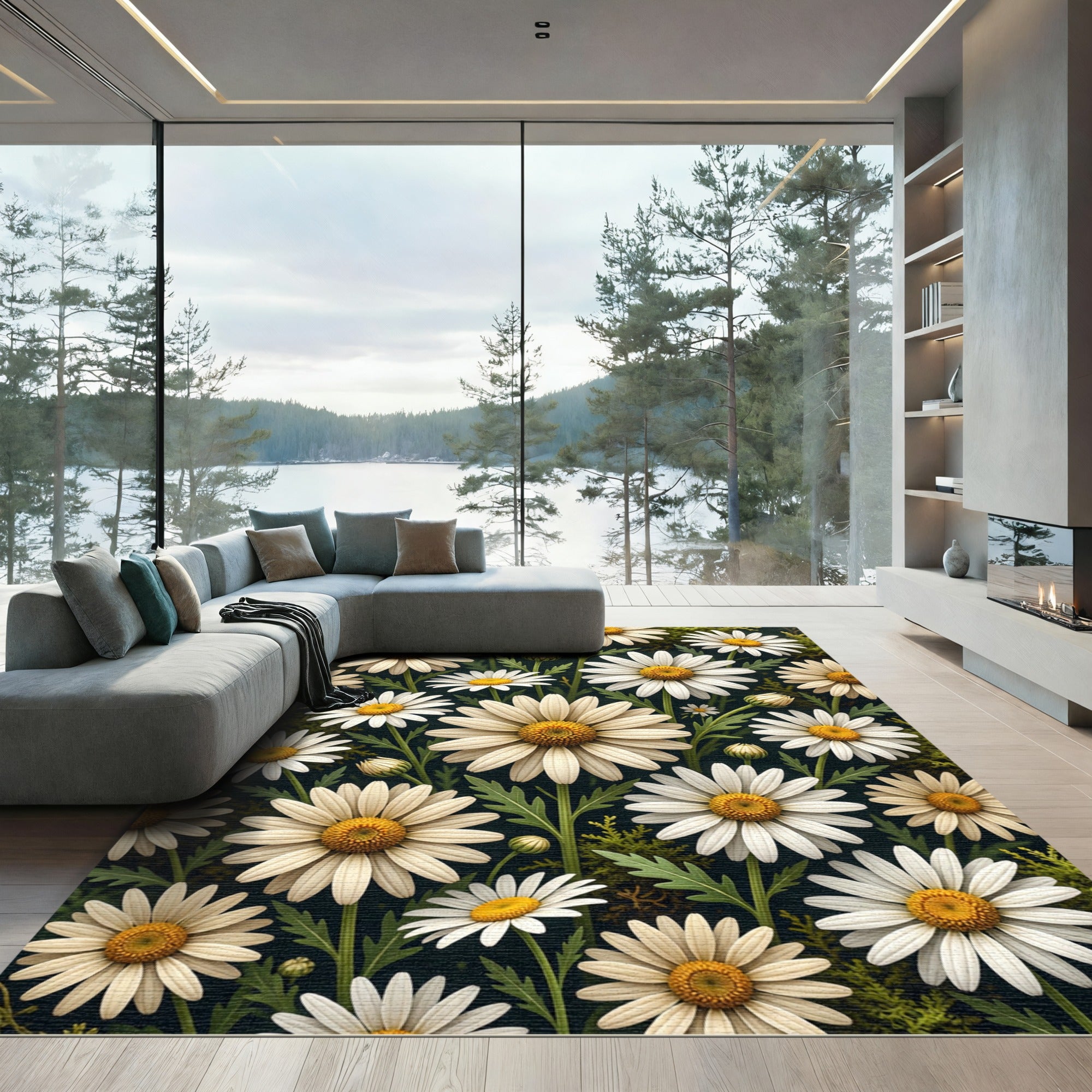 Radiant White Daisy Floral Botanical Rug