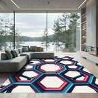 Bold Geometric Azure and Crimson Hexagon Rug