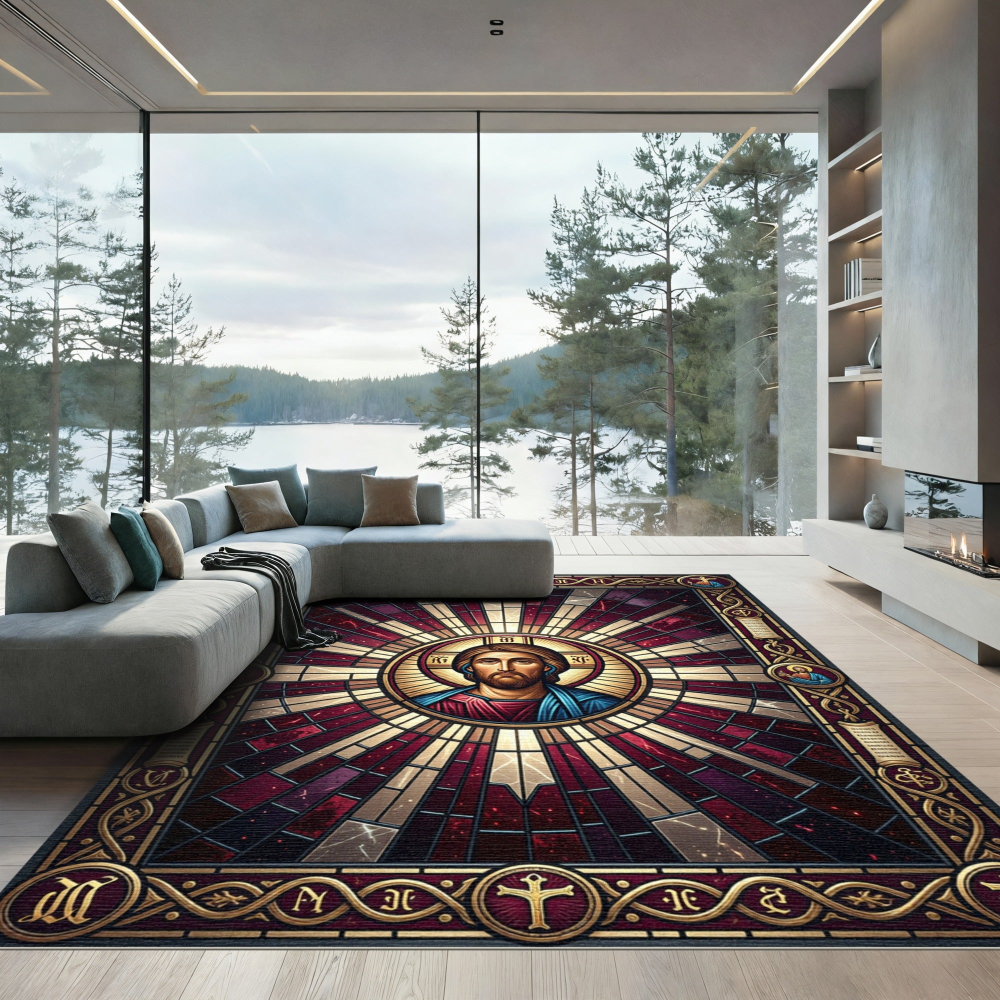 Sacred Golden Christ Radiant Stained Glass Rug
