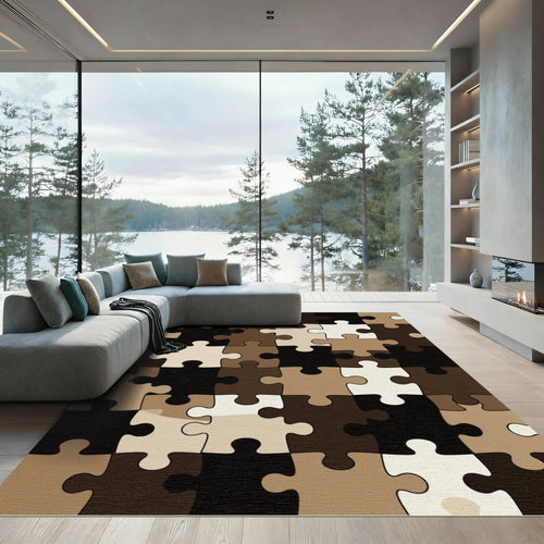 Abstract Neutral Toned Modern Puzzle Art Rug