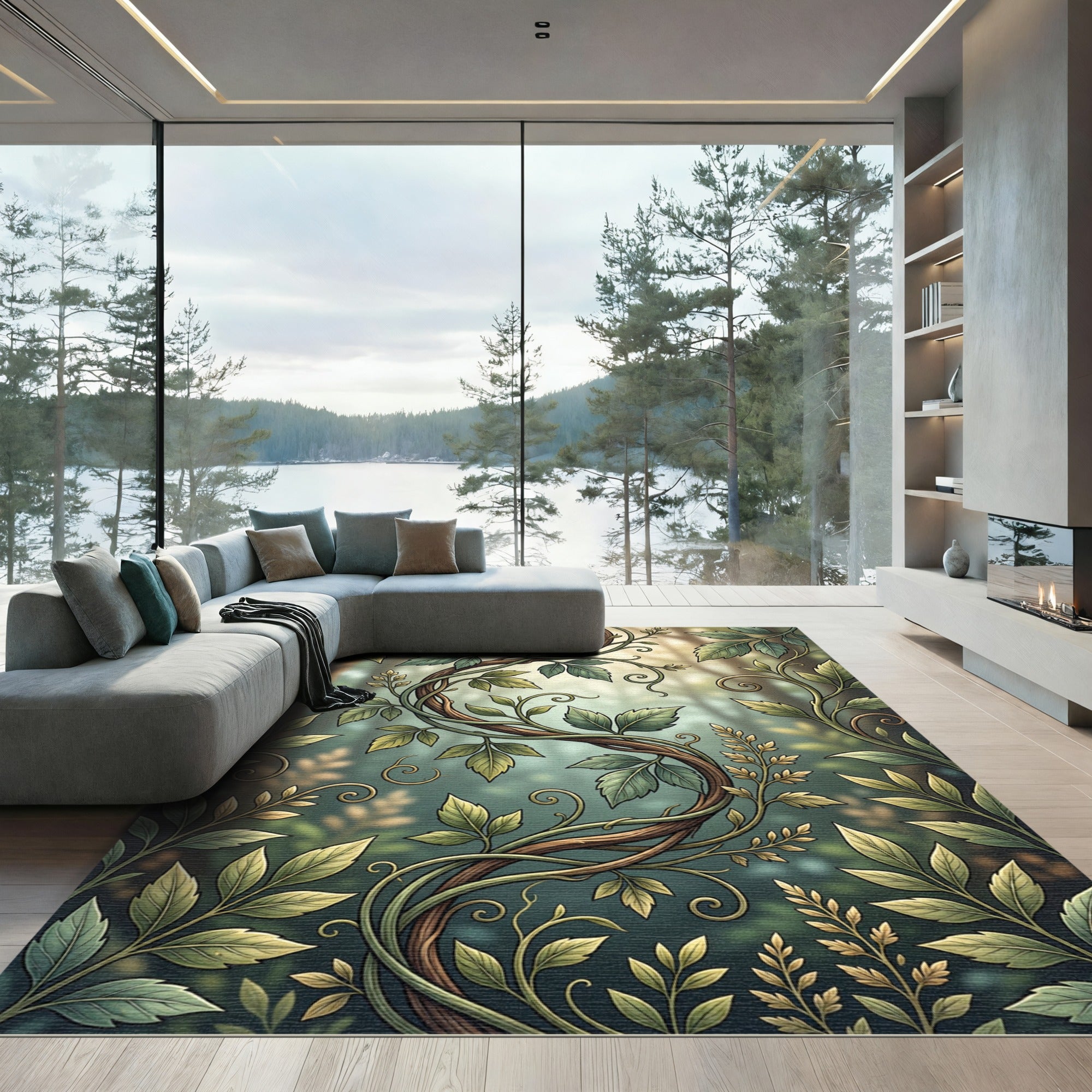 Lush Green Woodland Leaf Vine Rug