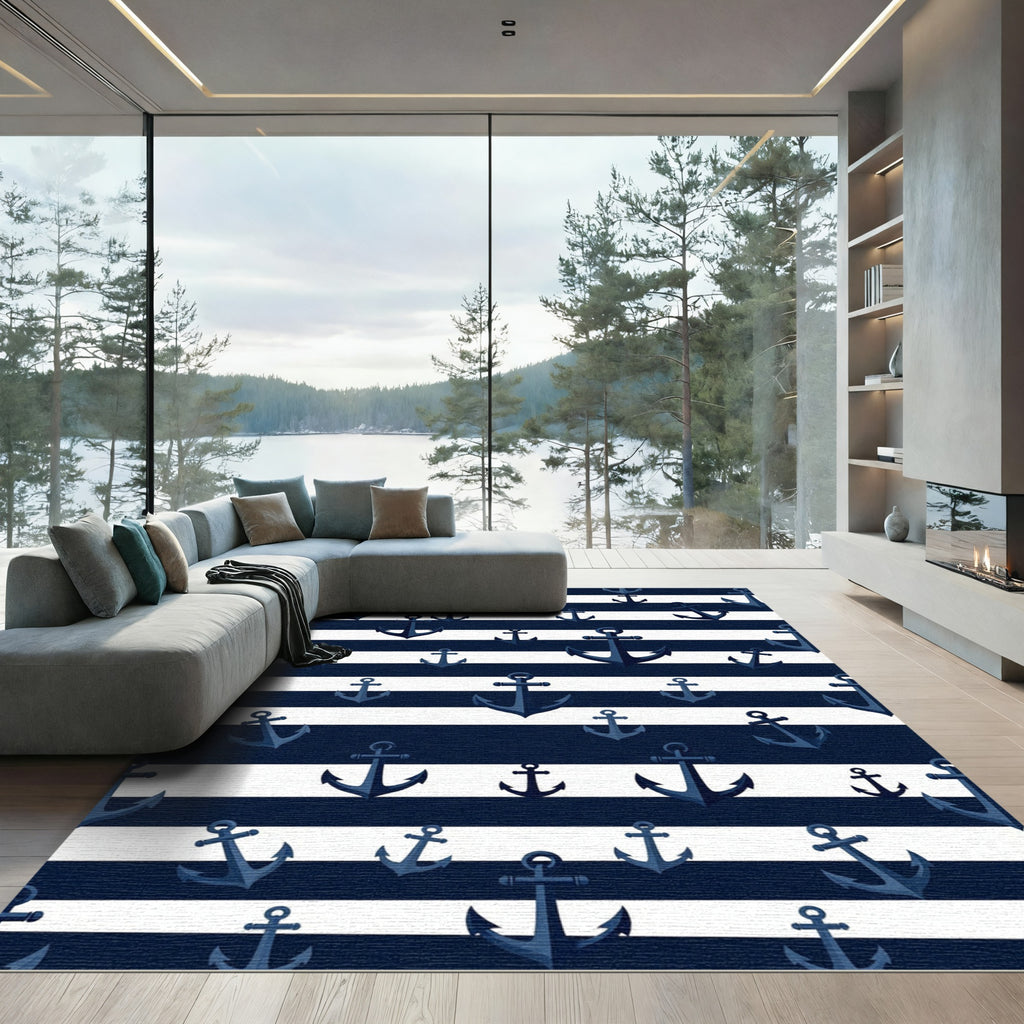 Navy Blue and White Nautical Anchor Rug