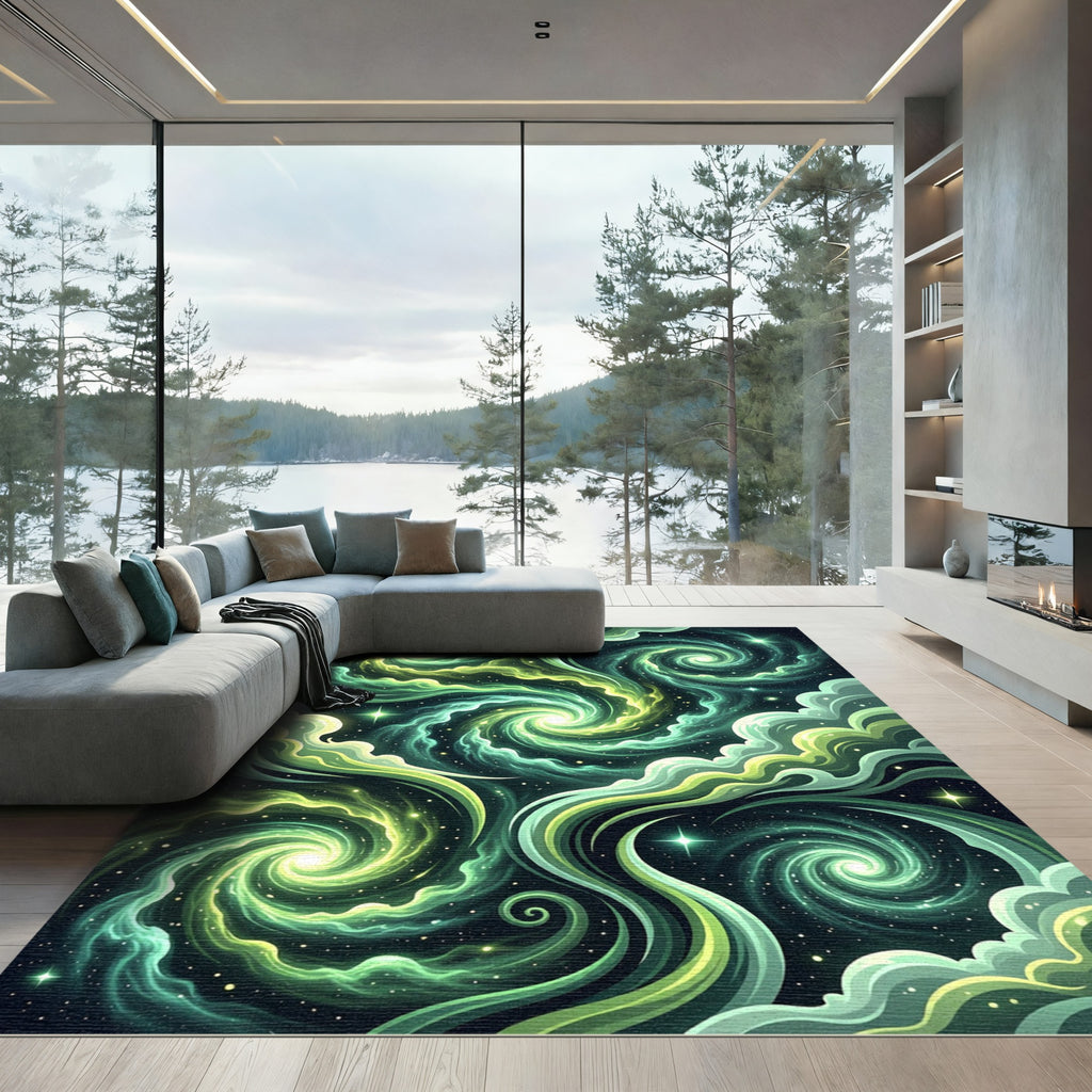 Vibrant Green Swirls Cosmic Galaxy Rug