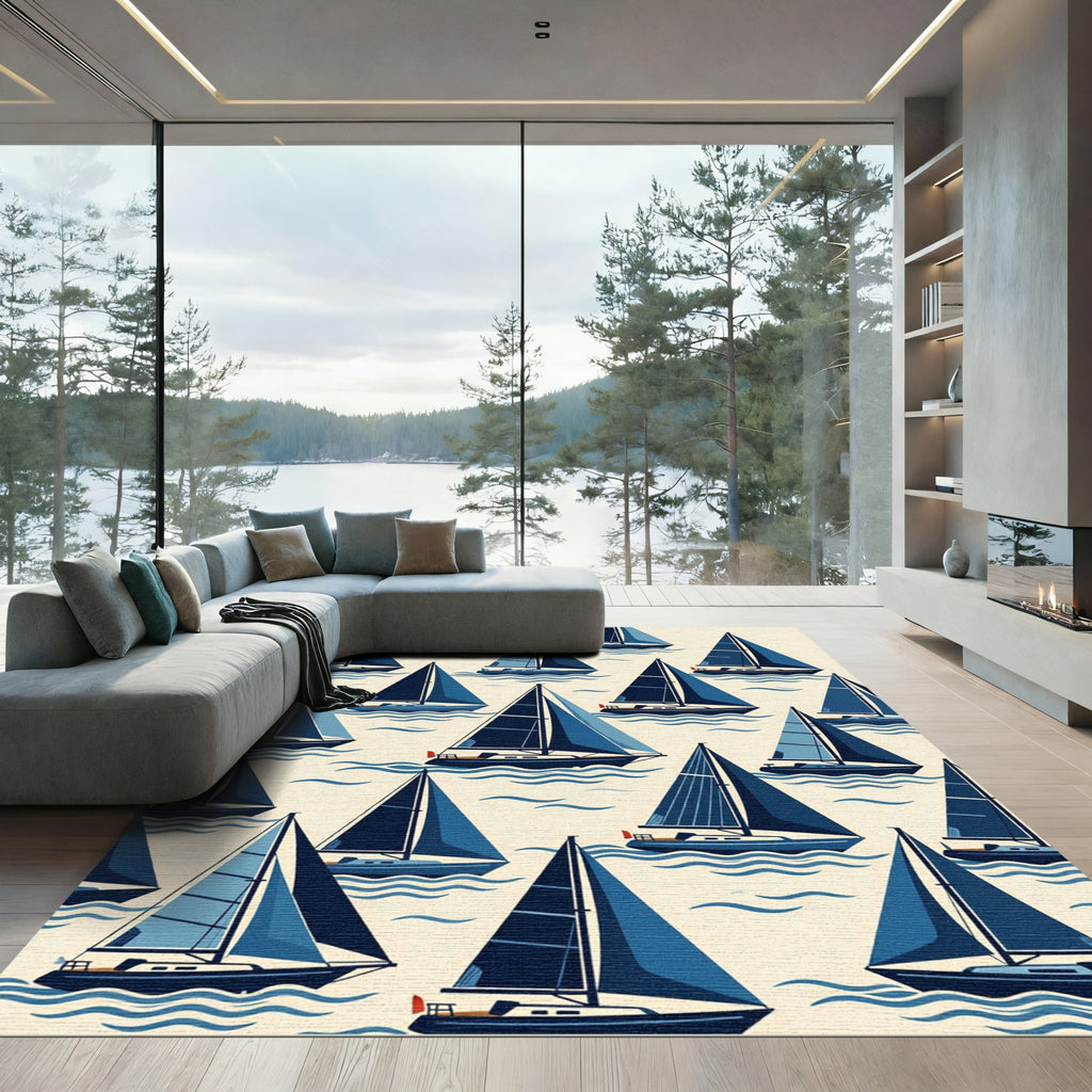Navy Blue Sailing Boat Nautical Sketch Rug