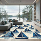 Navy Blue Sailing Boat Nautical Sketch Rug