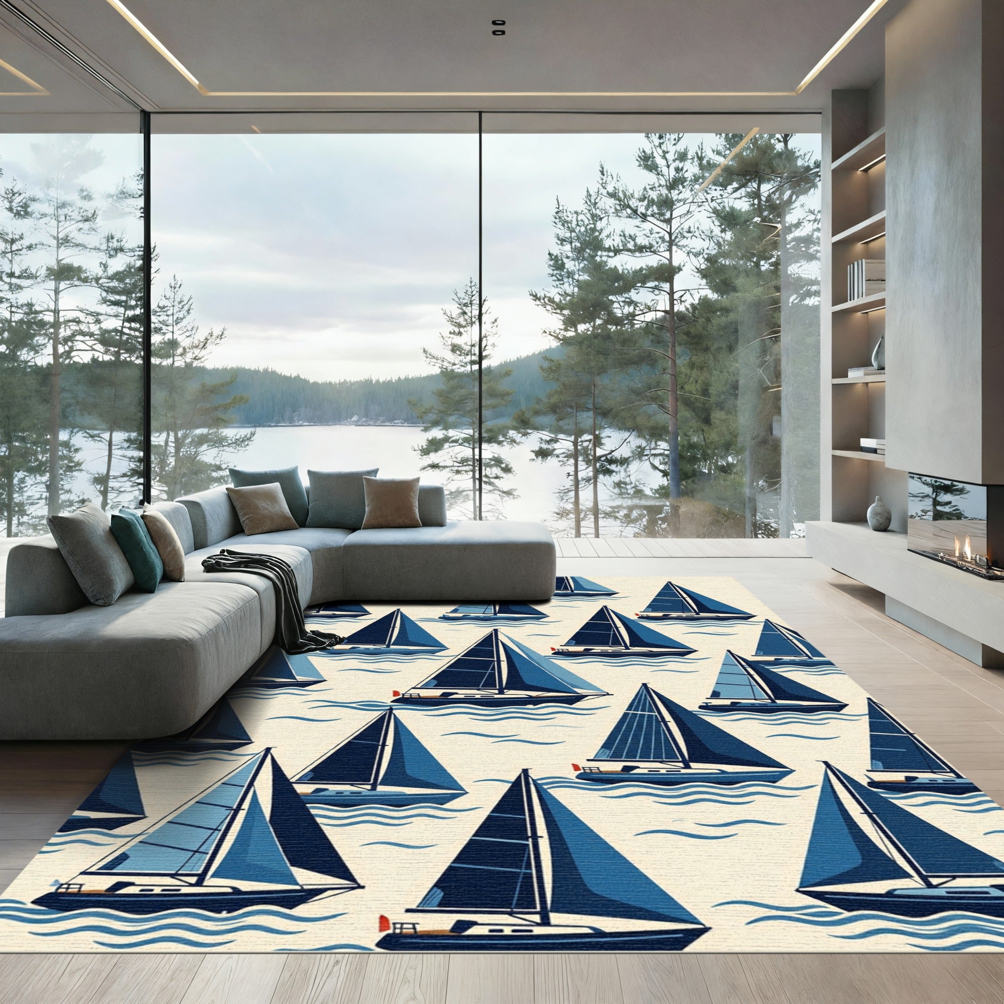 Navy Blue Sailing Boat Nautical Sketch Rug