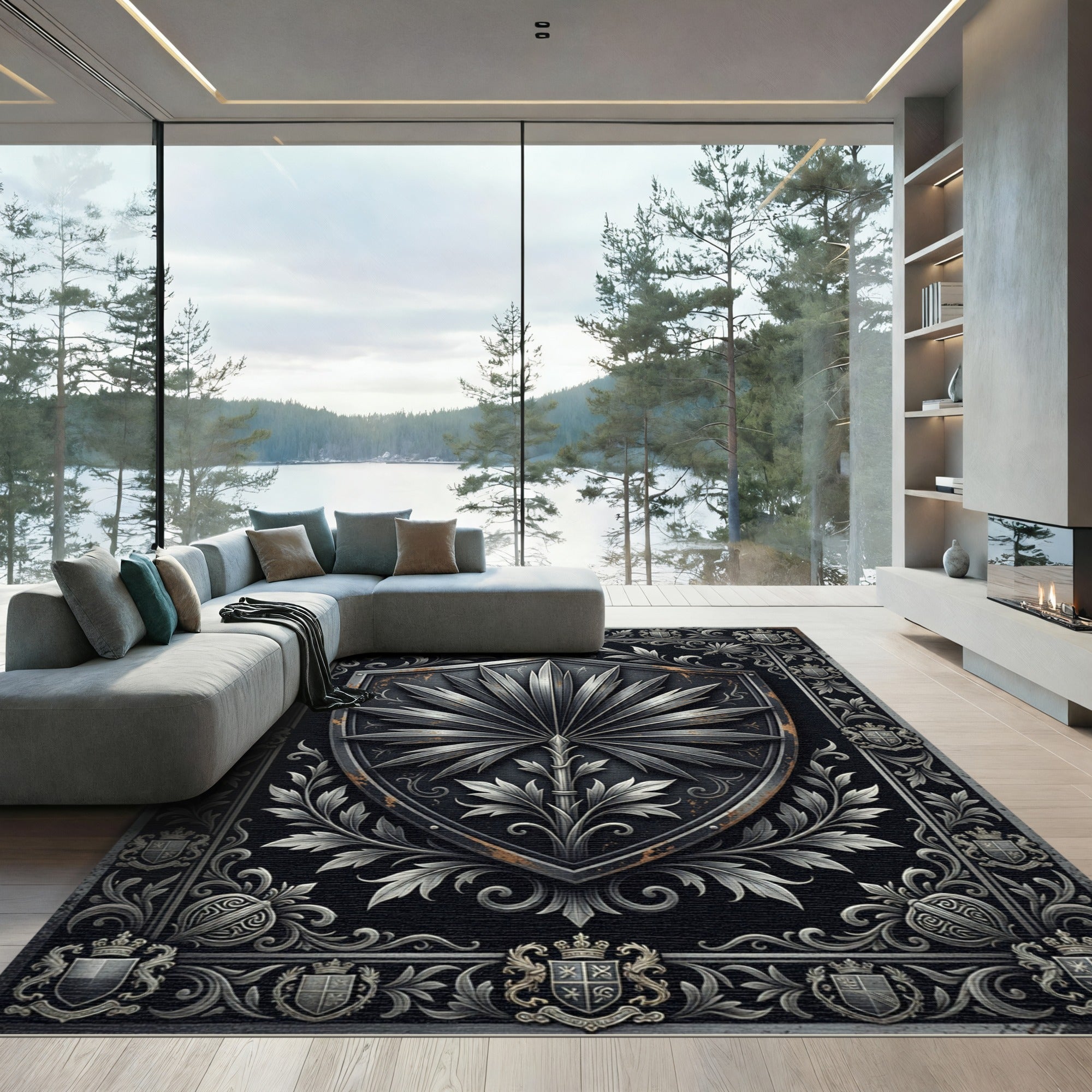 Ornate Silver Heraldic Crest Rug