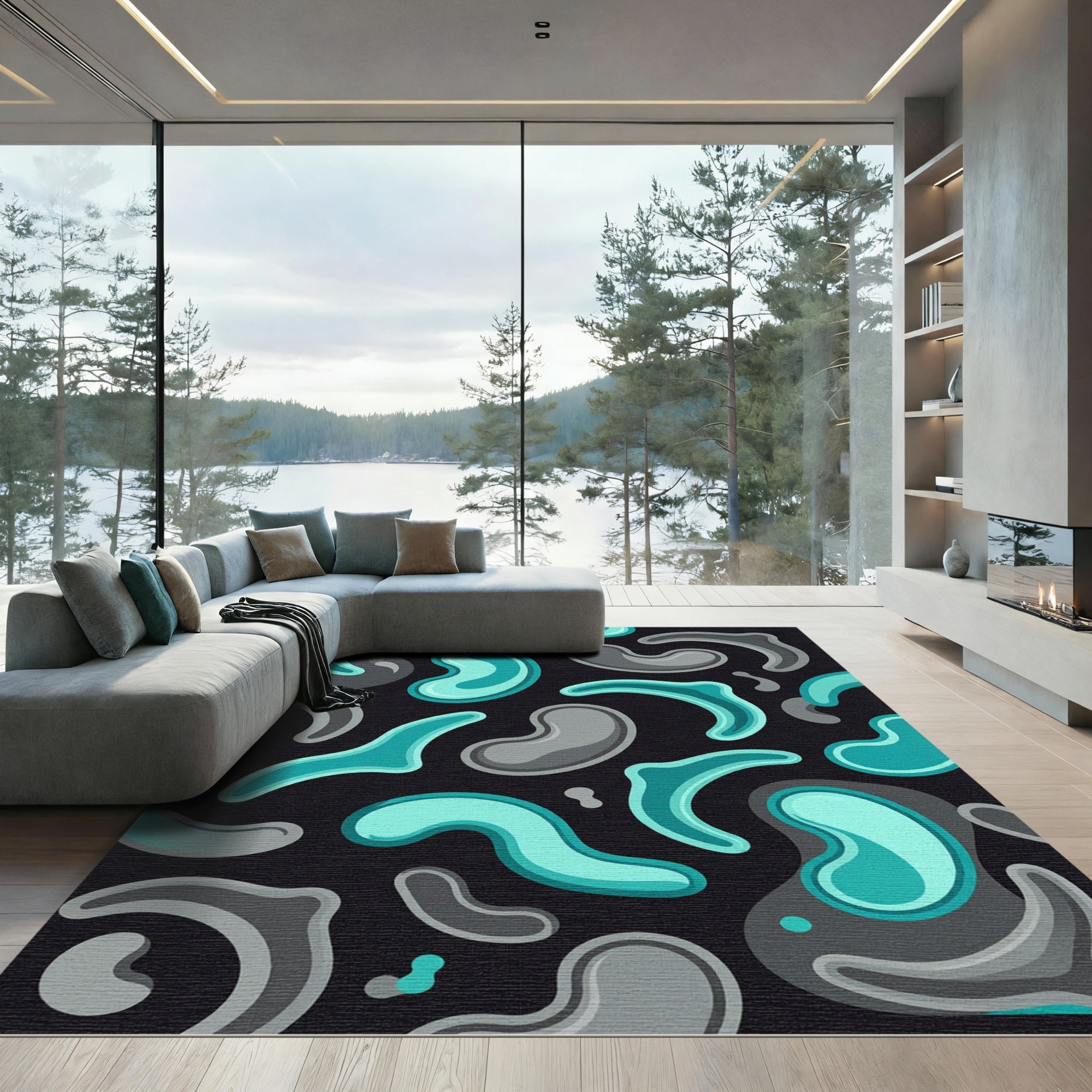 Abstract Teal and Gray Organic Swirls Rug