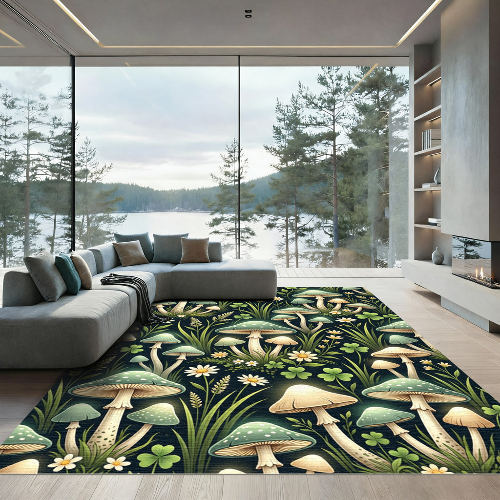 Ethereal Green Enchanted Forest Mushroom Illustration Rug