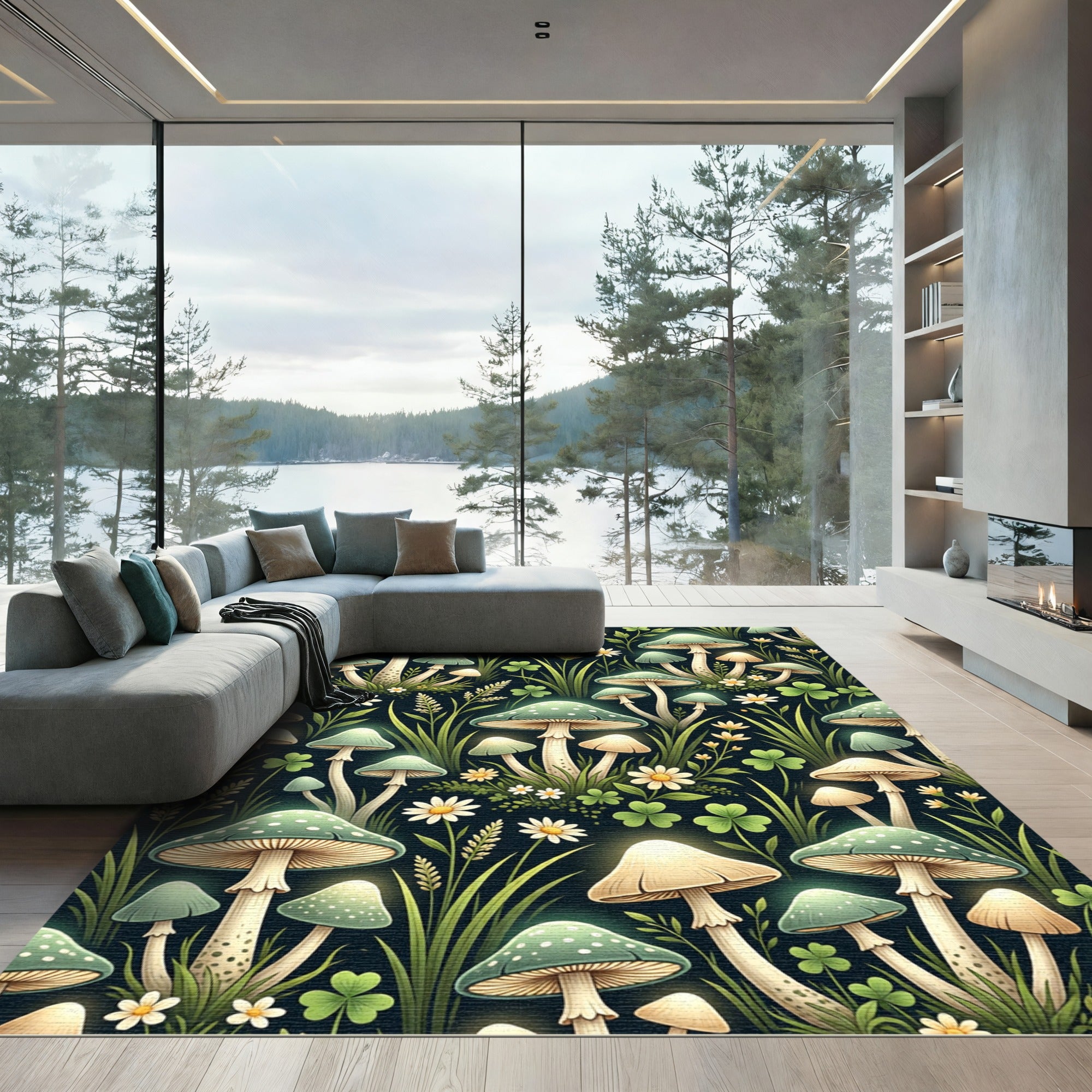 Ethereal Green Enchanted Forest Mushroom Illustration Rug