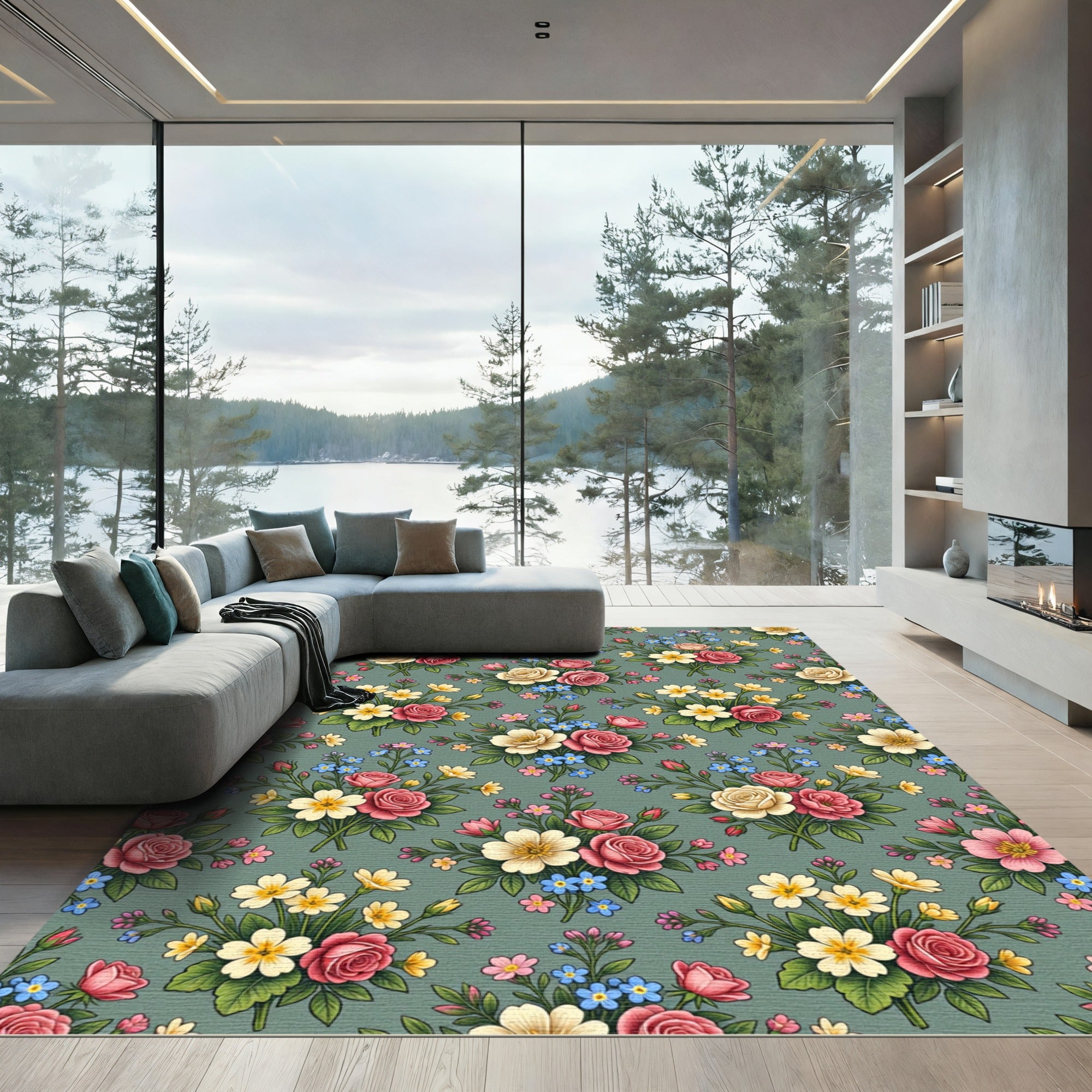 Romantic Pink Yellow Wildflower Bouquet Rug