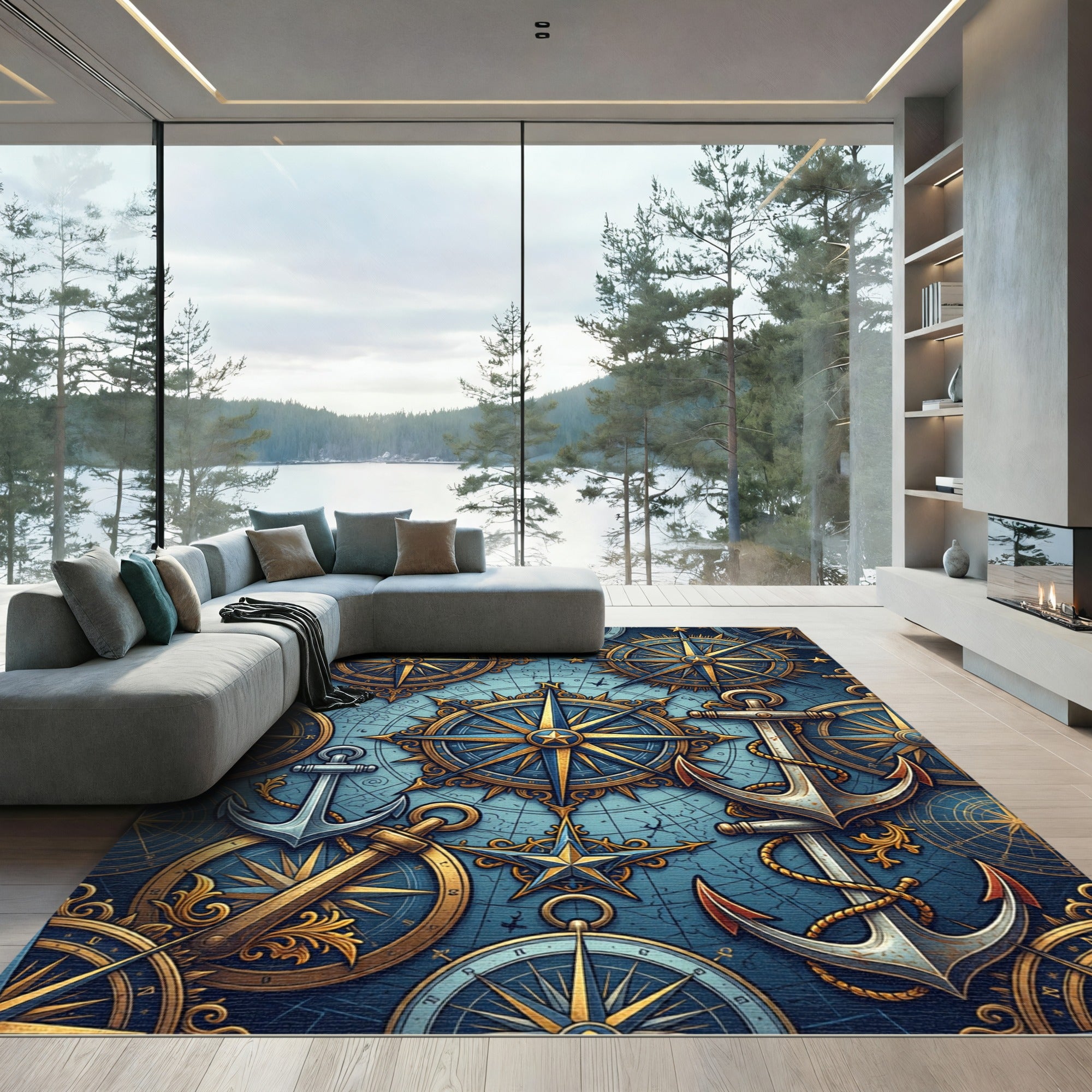 Nautical Golden Blue Compass Anchor Collage Rug