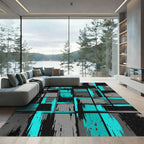 Modern Teal and Gray Abstract Grid Rug