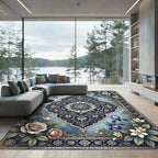 Navy Blue Floral Medallion Garden Rug