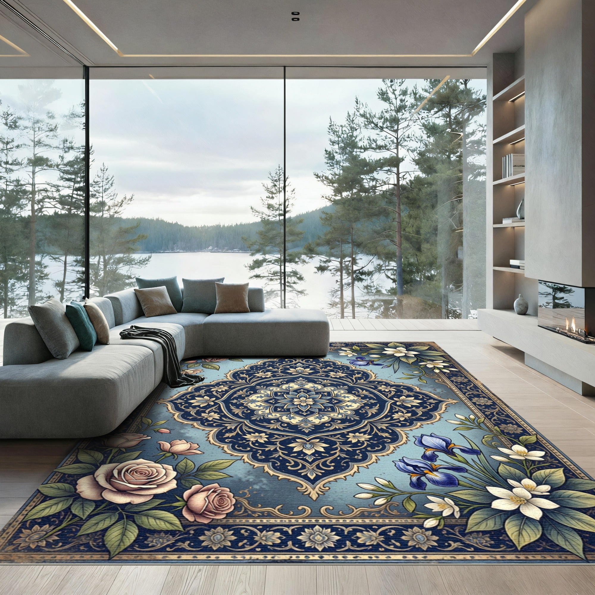 Navy Blue Floral Medallion Garden Rug