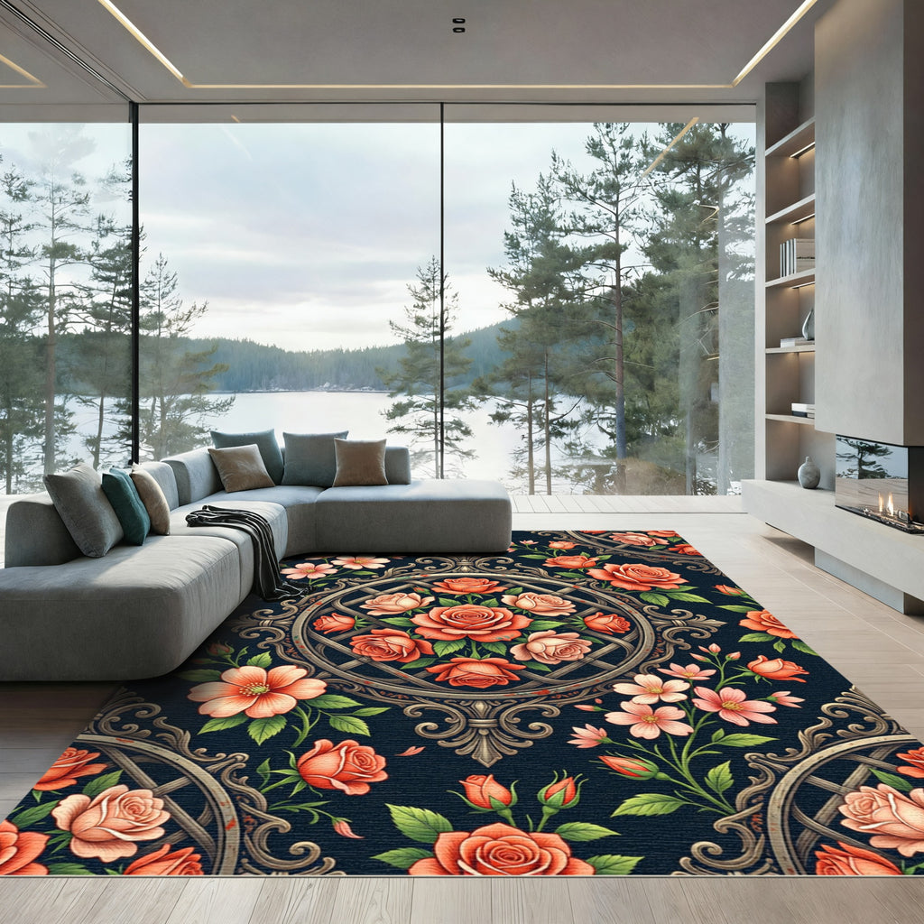 Elegant Coral Rose Trellis Medallion Rug