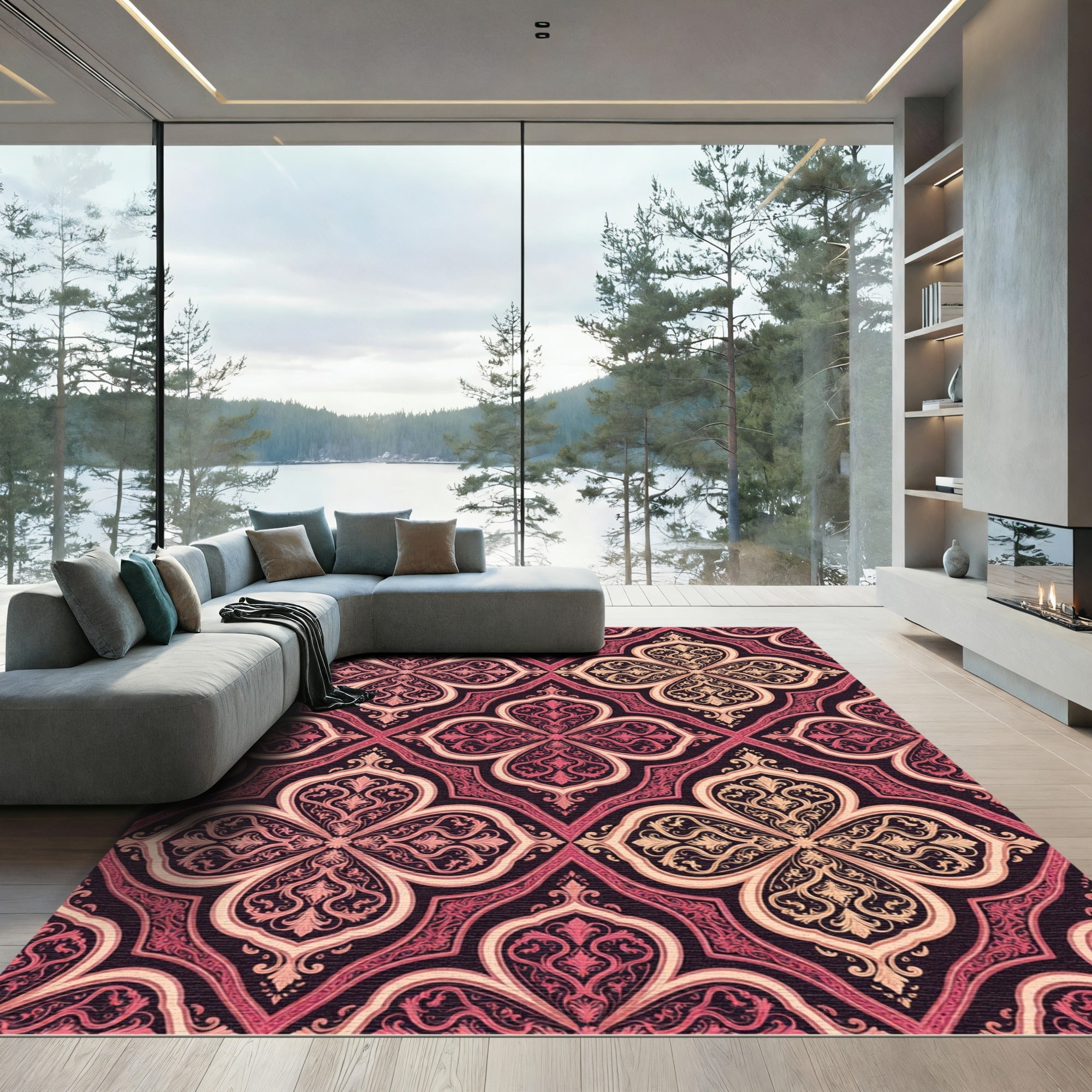 Ornate Crimson and Ivory Damask Medallion Rug