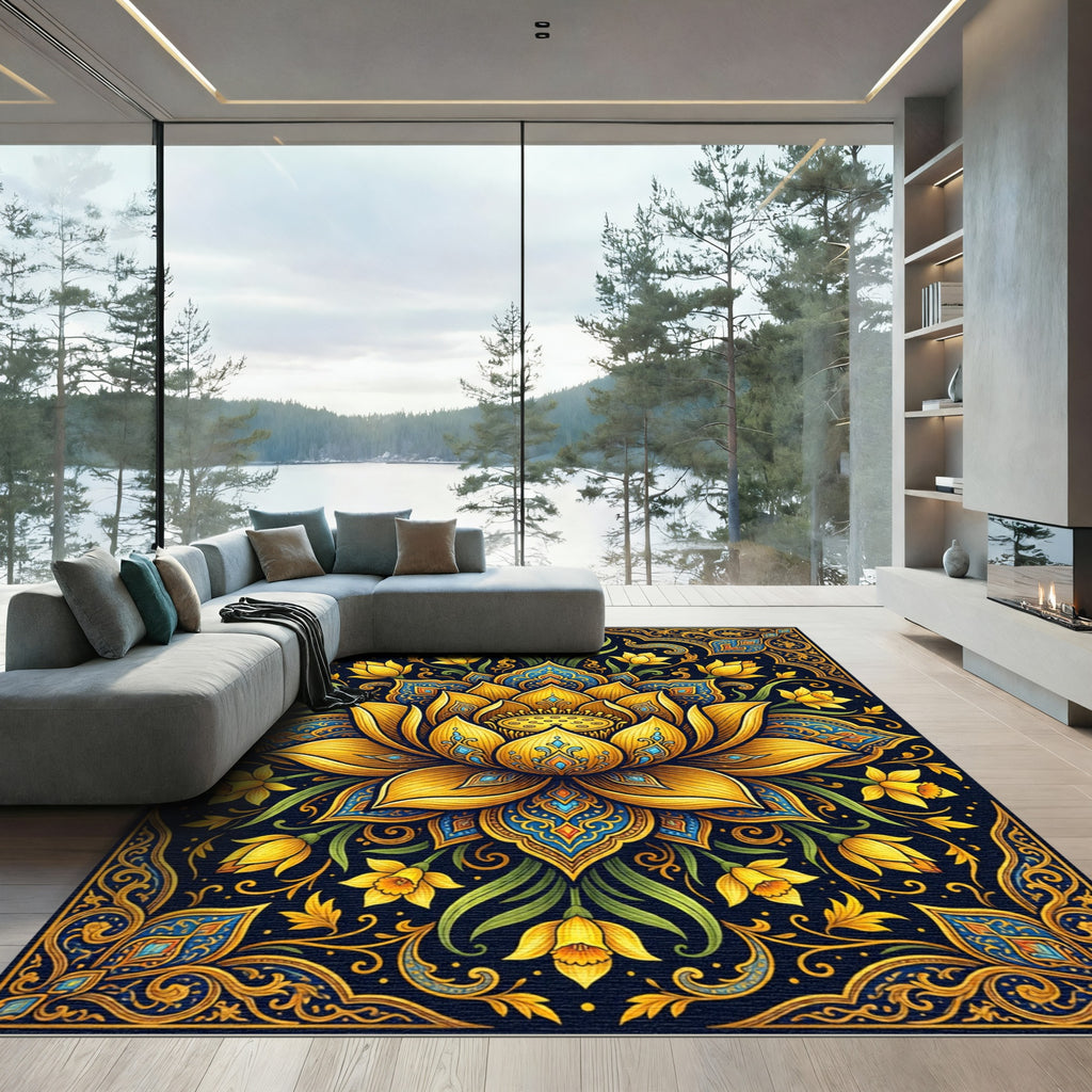 Golden Lotus Narcissus Floral Medallion Rug