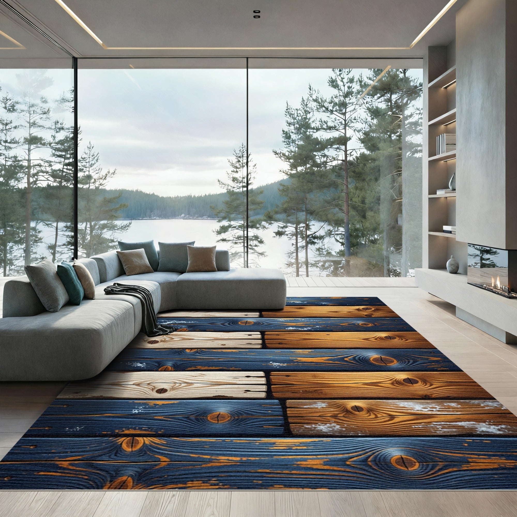Rustic Blue and Tan Wood Plank Rug