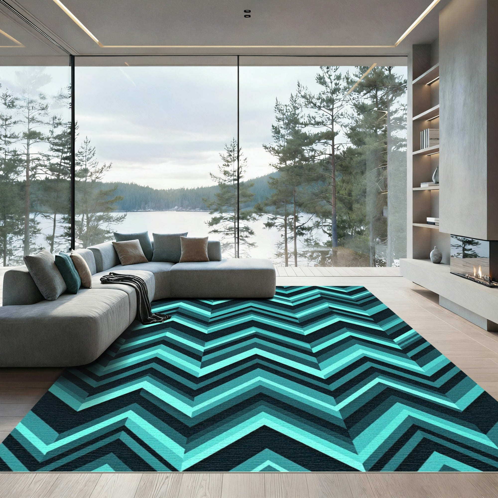 Modern Turquoise Geometric Chevron Zigzag Rug