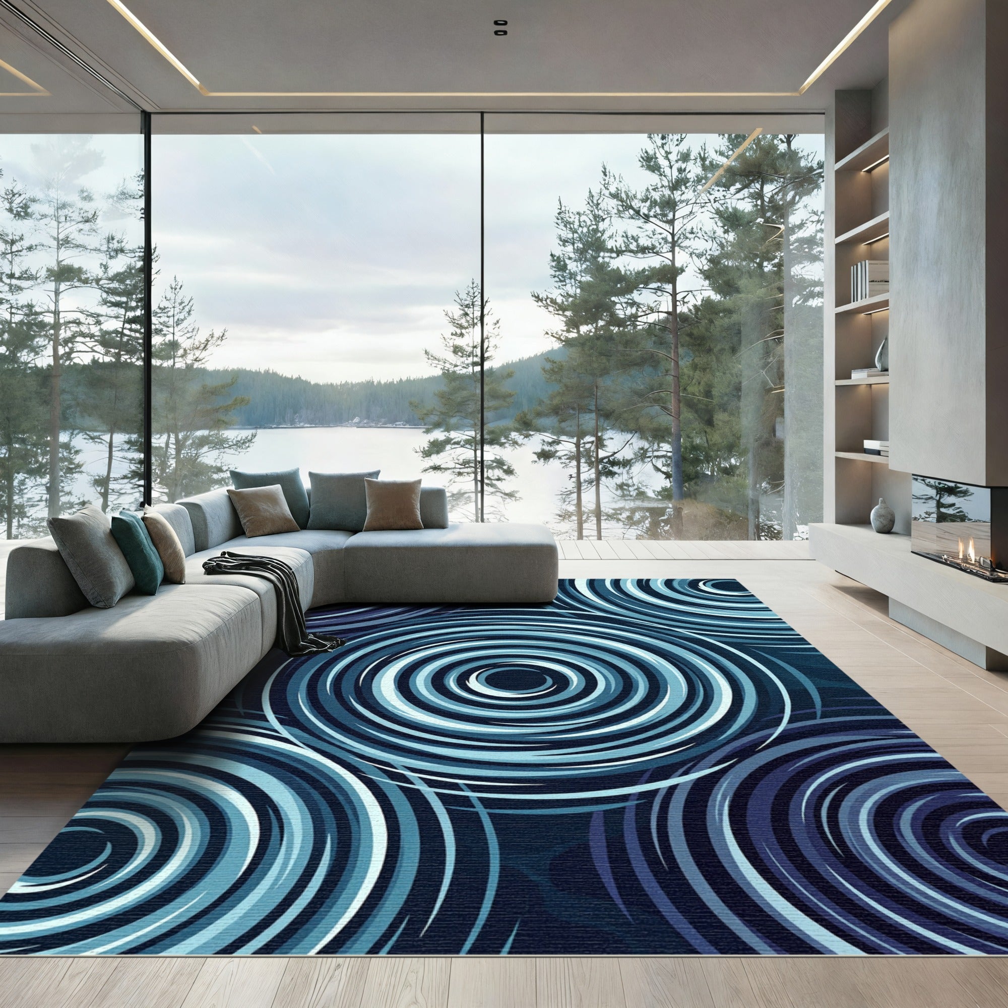 Deep Blue Swirl Concentric Circles Rug
