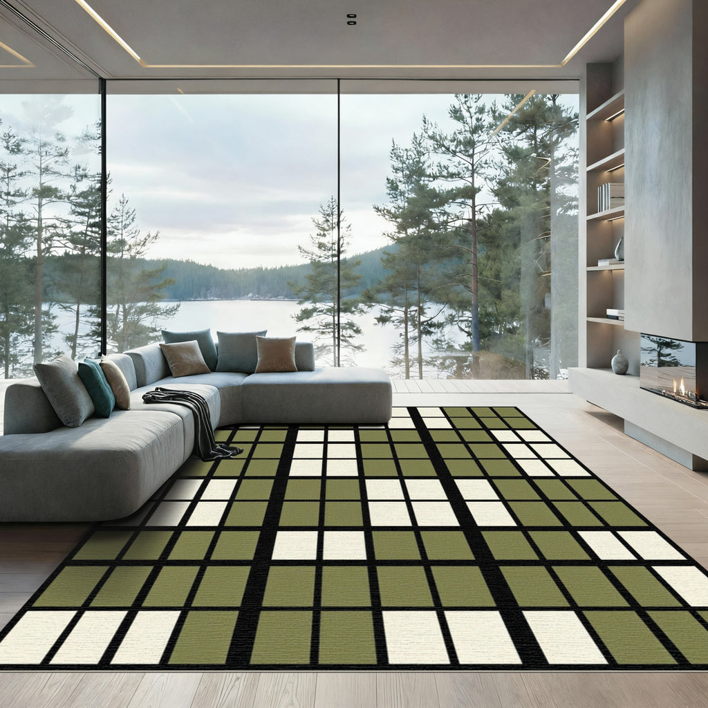 Sage Green Grid Block Geometric Rug