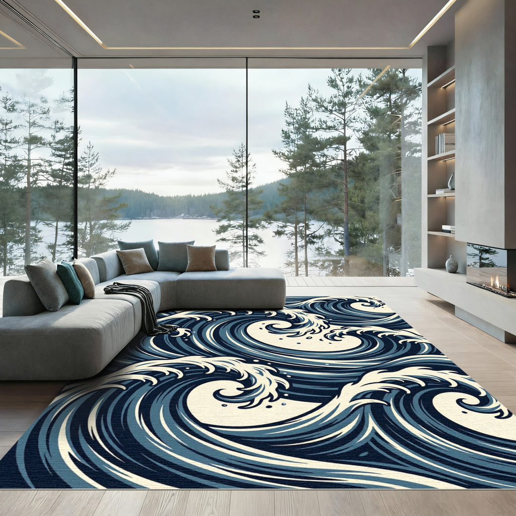 Naval Blue Rushing Water Curves Rug