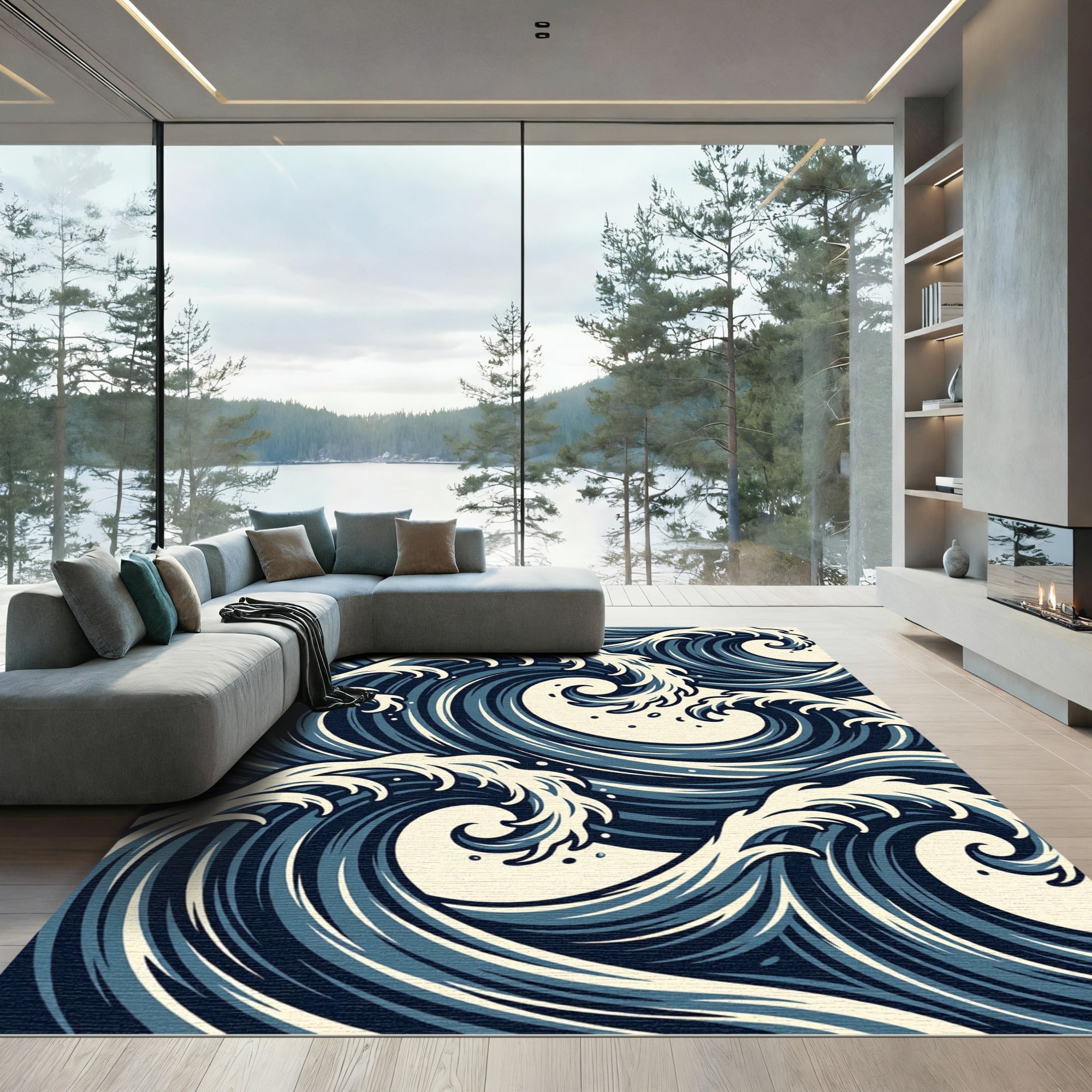 Naval Blue Rushing Water Curves Rug