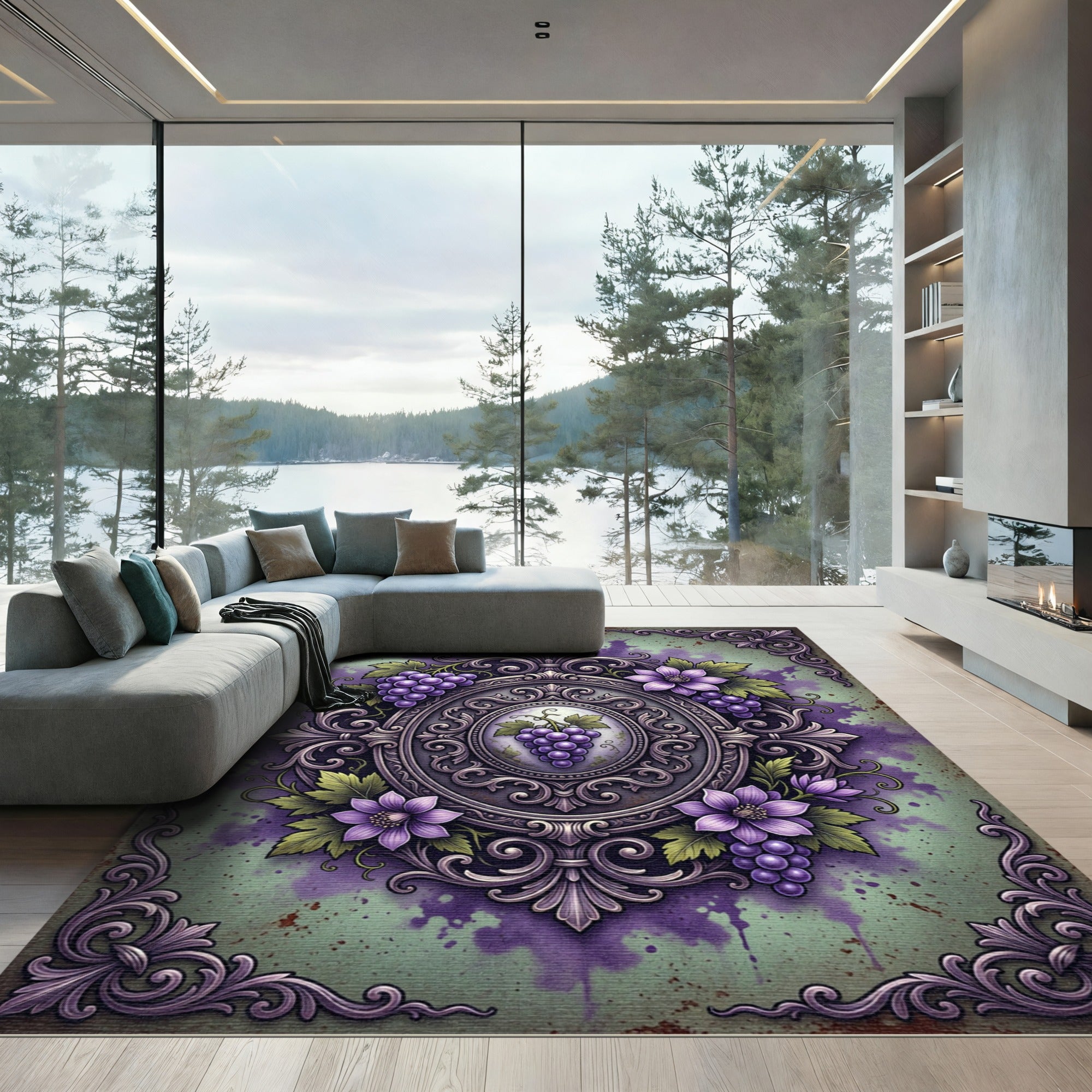 Ornate Purple Grapes Floral Frame Rug