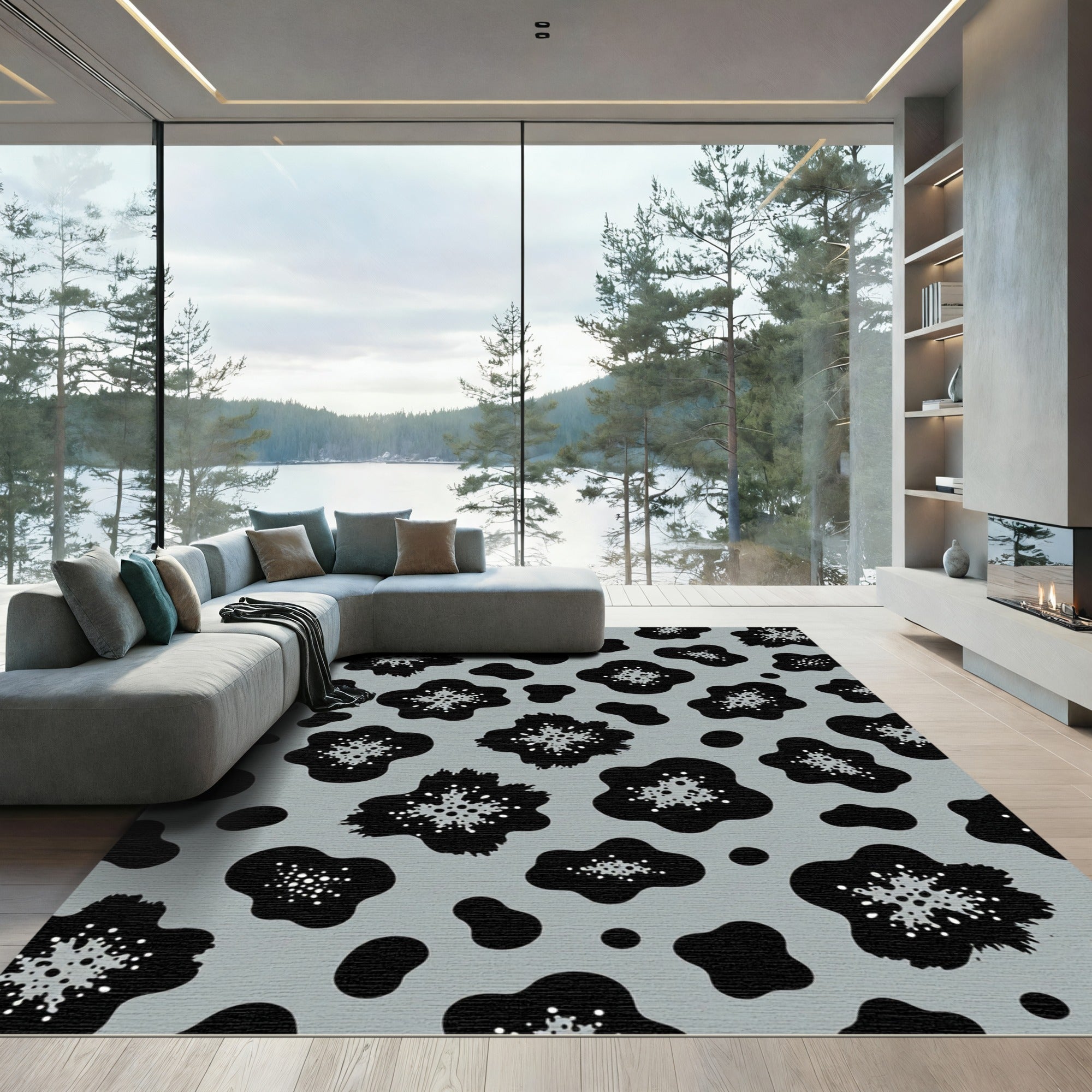 Abstract Black White Grey Blotches Rug