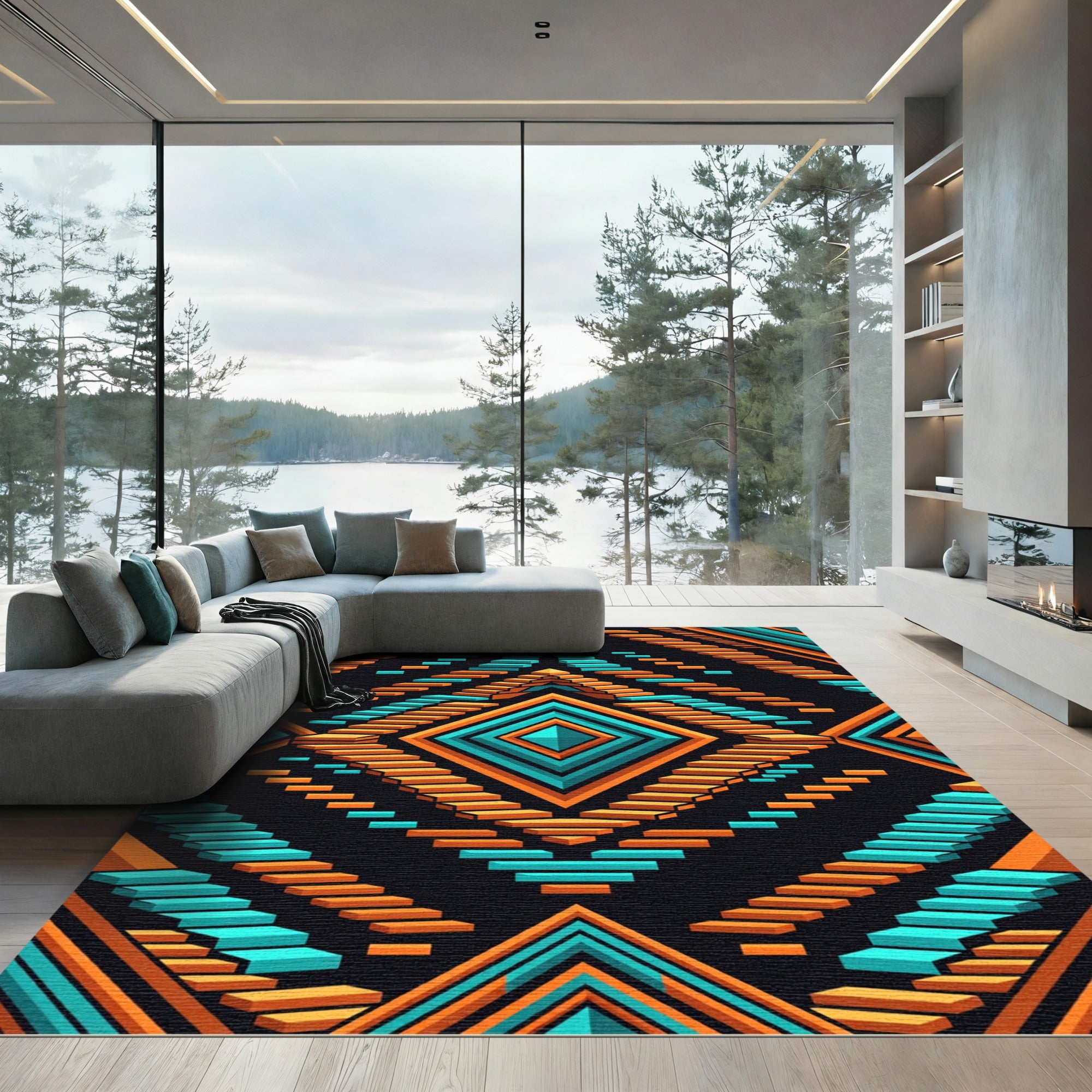 Teal and Tangerine Geometric Diamond Staircase Rug