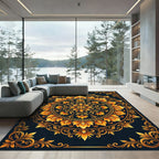 Ornate Golden Floral Circular Medallion Rug