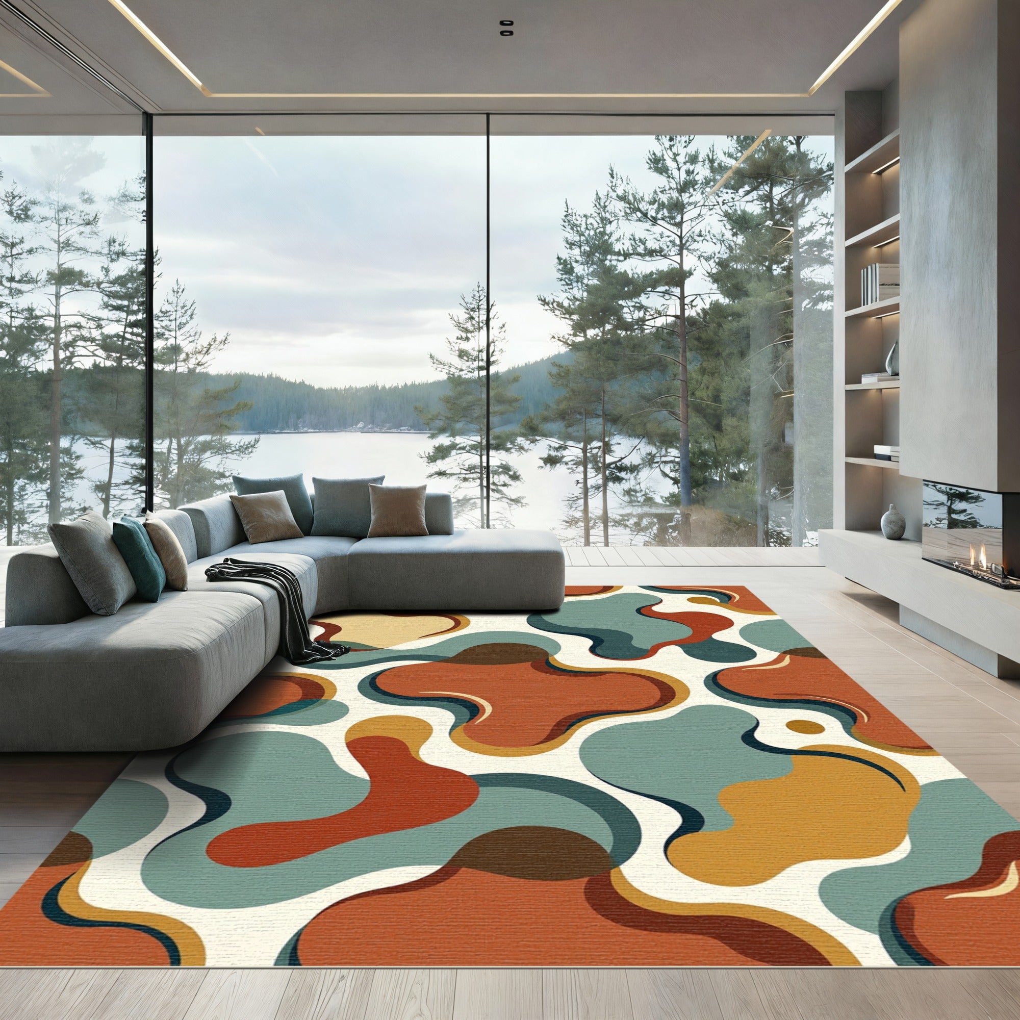 Abstract Organic Earth Tone Fluid Shapes Rug
