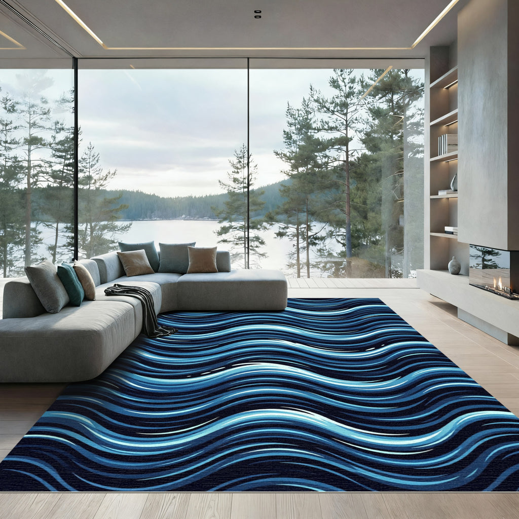 Deep Blue Gradient Wavy Lines Rug