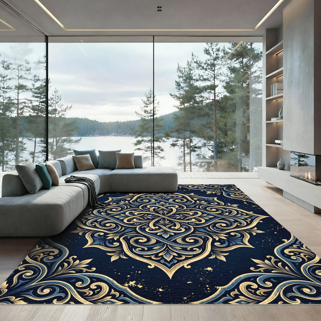 Elegant Navy Gold Baroque Floral Medallion Rug