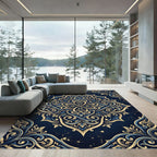 Elegant Navy Gold Baroque Floral Medallion Rug