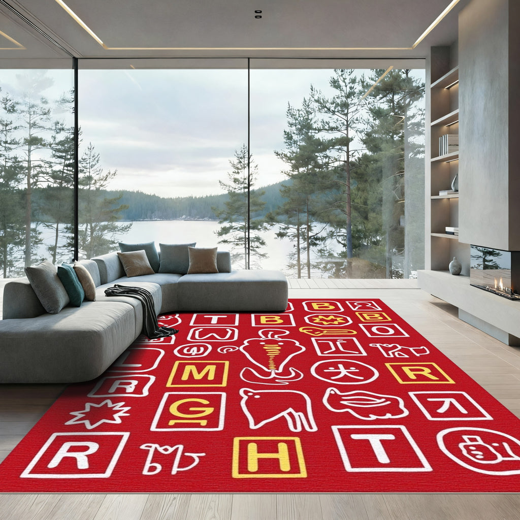 Red Whimsical Alphabet Animals Composition Rug